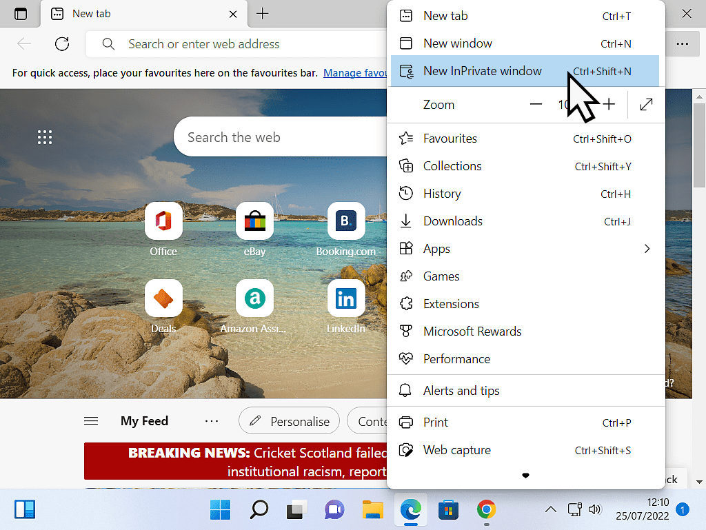 New InPrivate window is highlighted in Microsoft Edge.