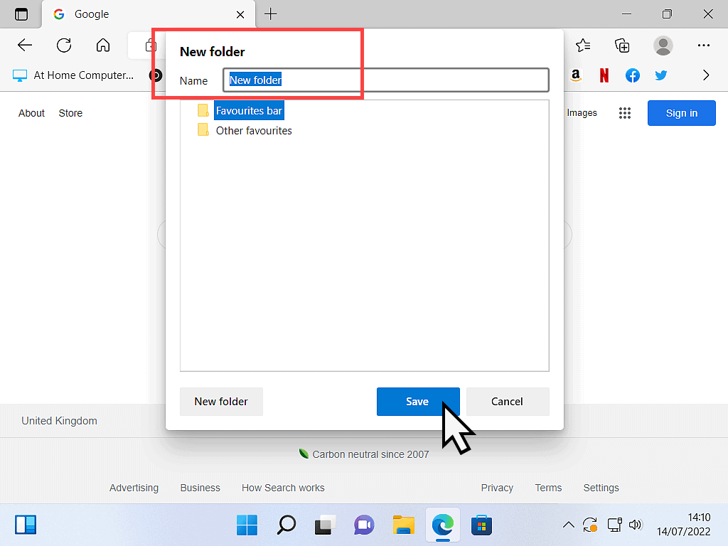 New Folder window open in Microsoft Edge. Name box is marked.