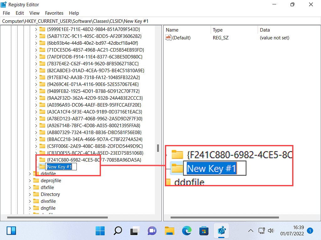 New Key highlighted in Windows 11 registry editor.