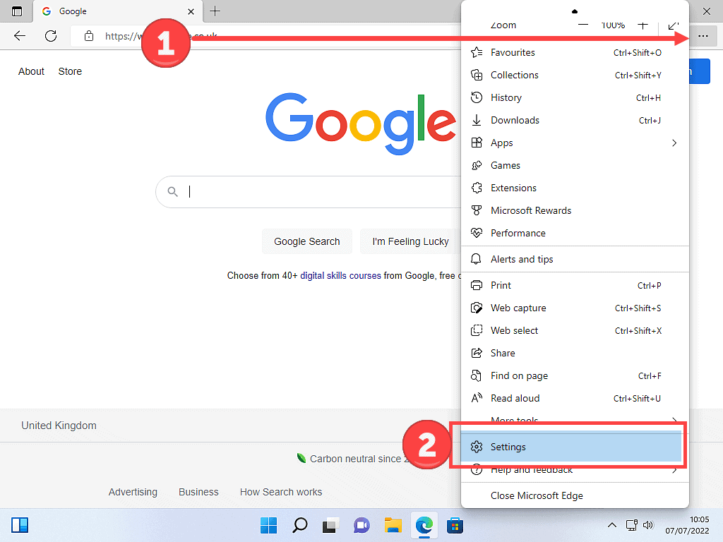 Settings and more menu open. Settings option highlighted.