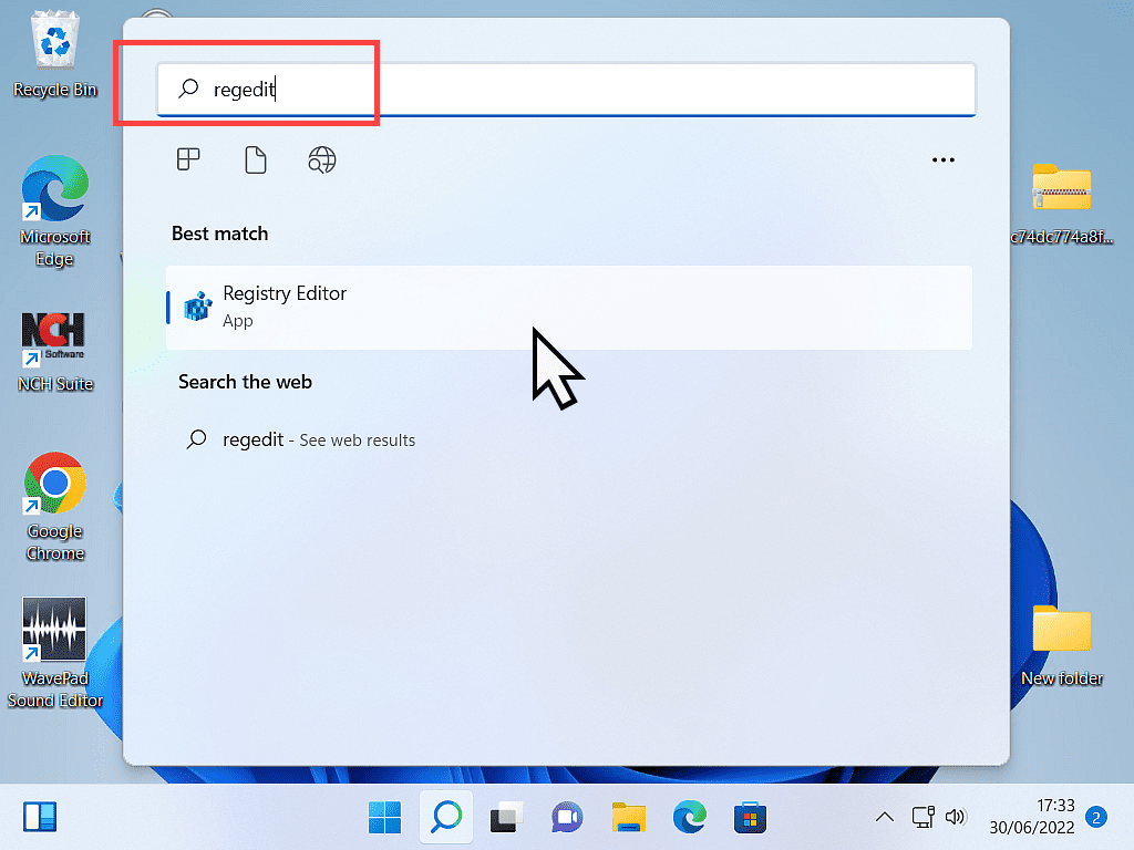 Regedit typed into Windows 11 search box.