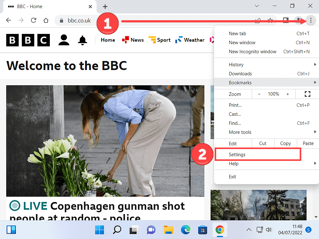 A web page shown in Google Chrome browser. Settings is highlighted.
