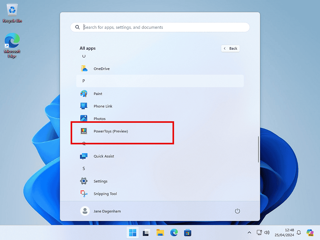PowerToys highlighted on the Windows 11 Apps menu.