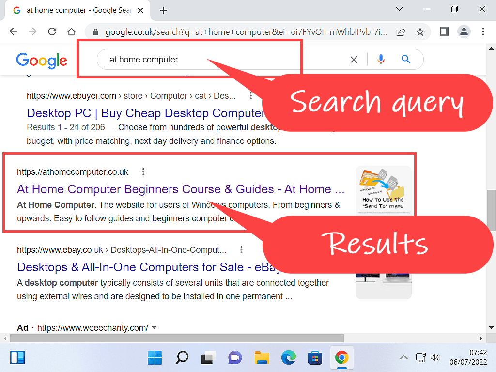 Search box and results marked with callouts.