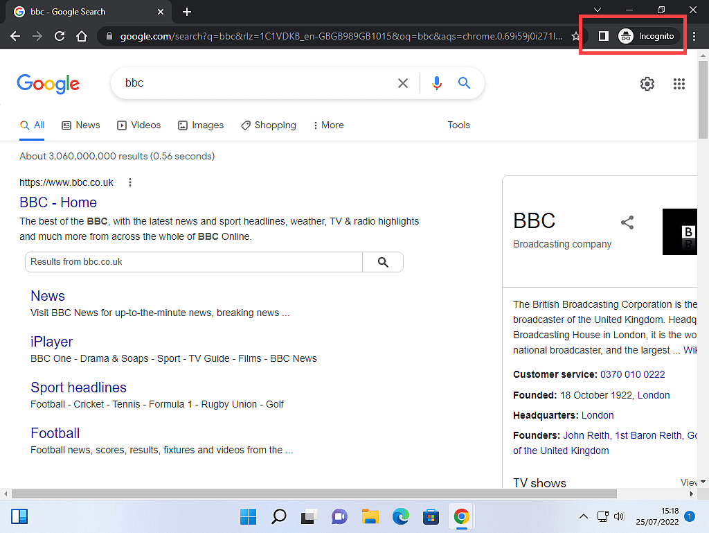 Search results page when in Incognito mode.