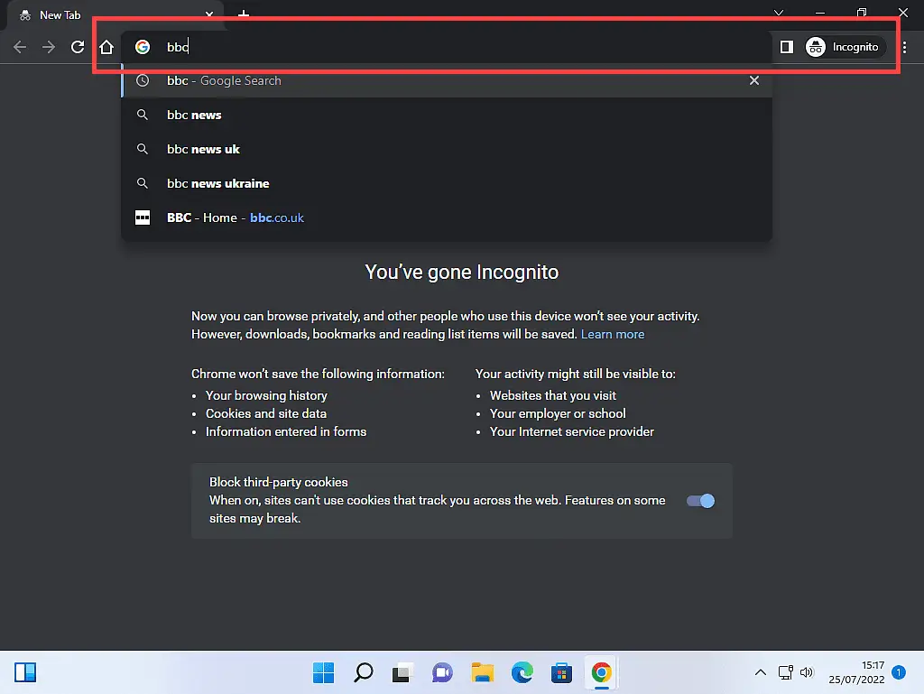 Incognito mode in Chrome. BBC has been typed into the address bar which is highlighted.