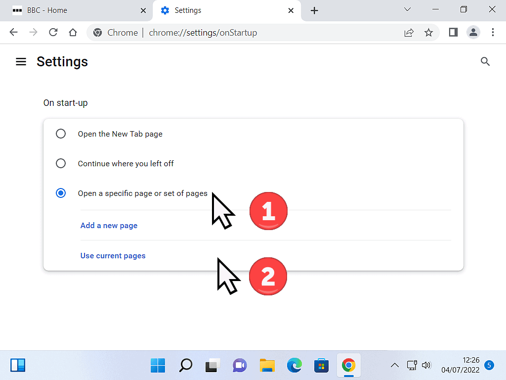 "Open specific page" and "Use current page" options chosen.