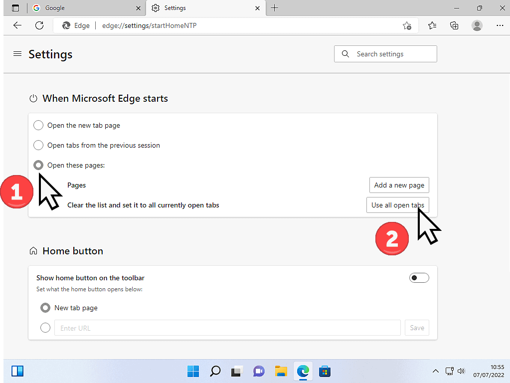 Steps to set start page indicated for Microsoft Edge.