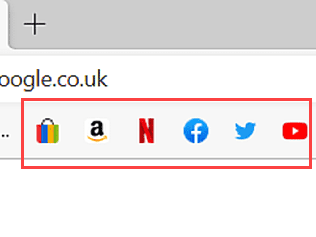 eBay, Amazon, Netflix, Facebook, Twitter and YouTube favicons on the Favourites Bar in Microsoft Edge.
