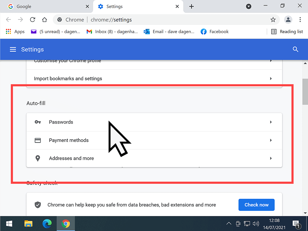Passwords option is highlighted.