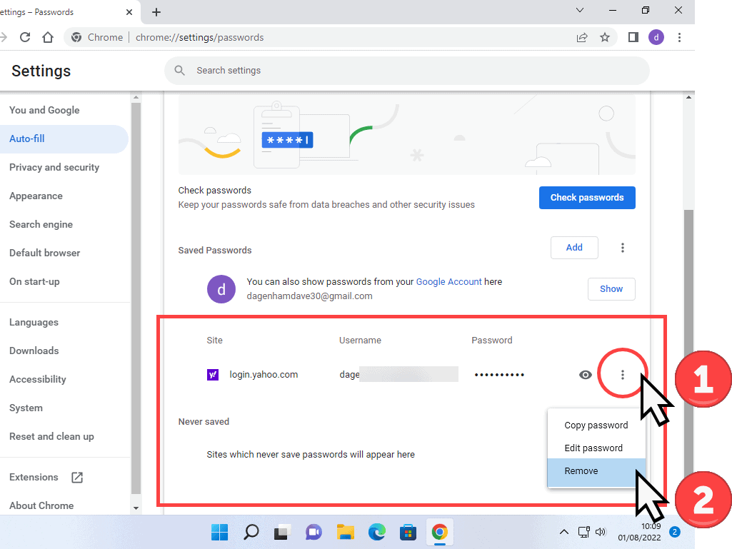 3 vertical dots and Remove option highlighted in Chrome password manager.