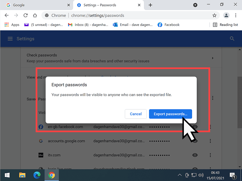 Export passwords confirmation button marked in Google Chrome.