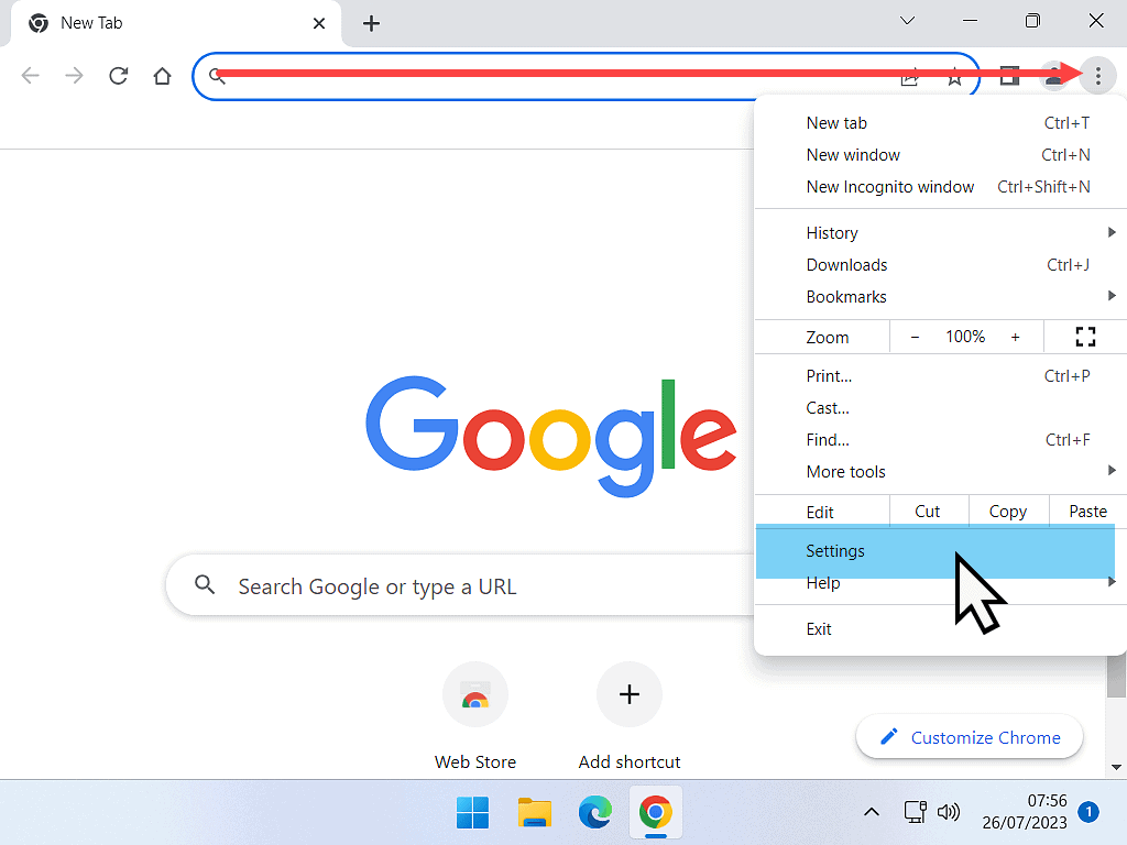 Customise Google Chrome icon and Settings marked.