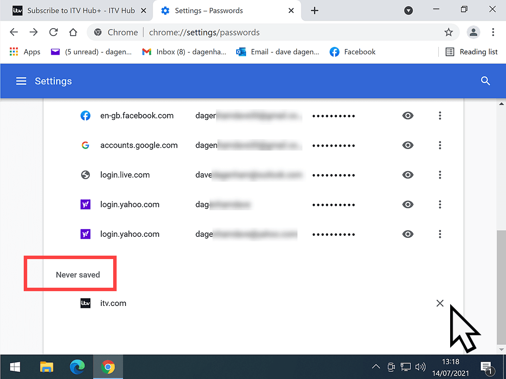 Chrome password settings page. 