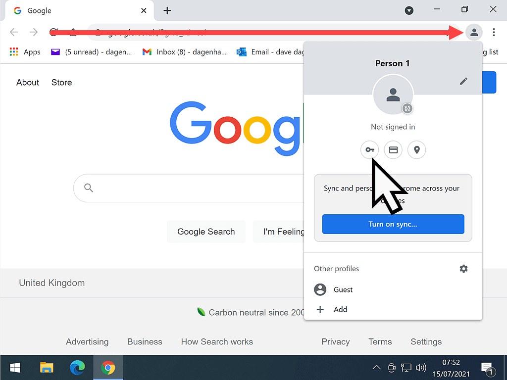 Avatar and key symbol indicated in Google Chrome.