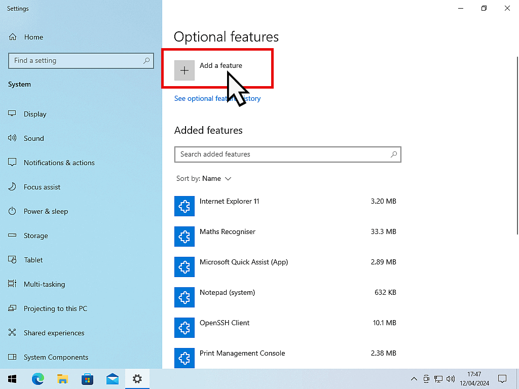 Add a Feature button is highlighted in Windows 10