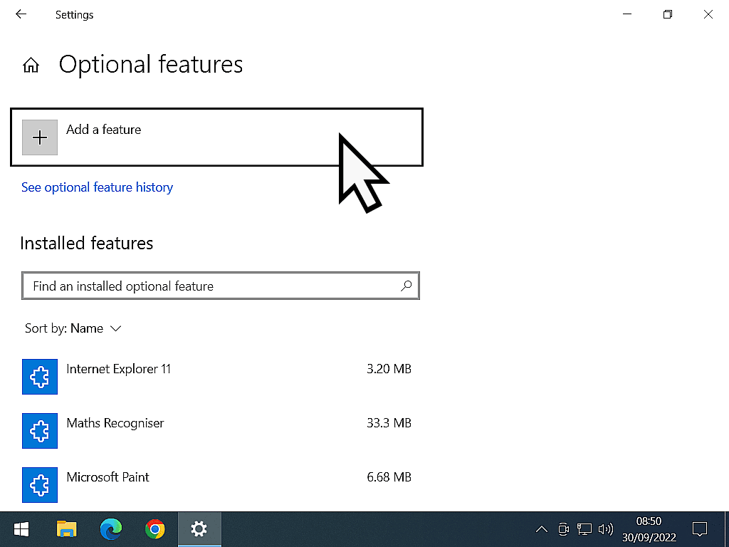 Windows 10 optional features page. Add a feature is marked.