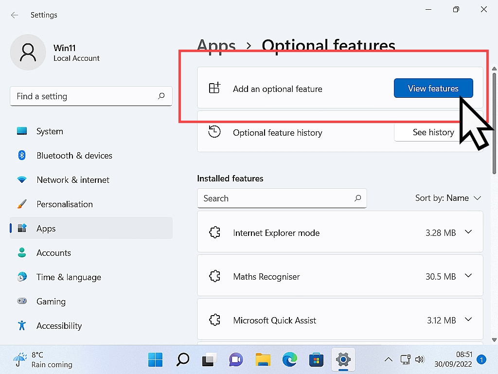 View features button highlighted in Windows 11.