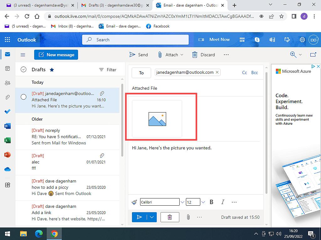 Newly attached file is marked in Outlook.com mail.