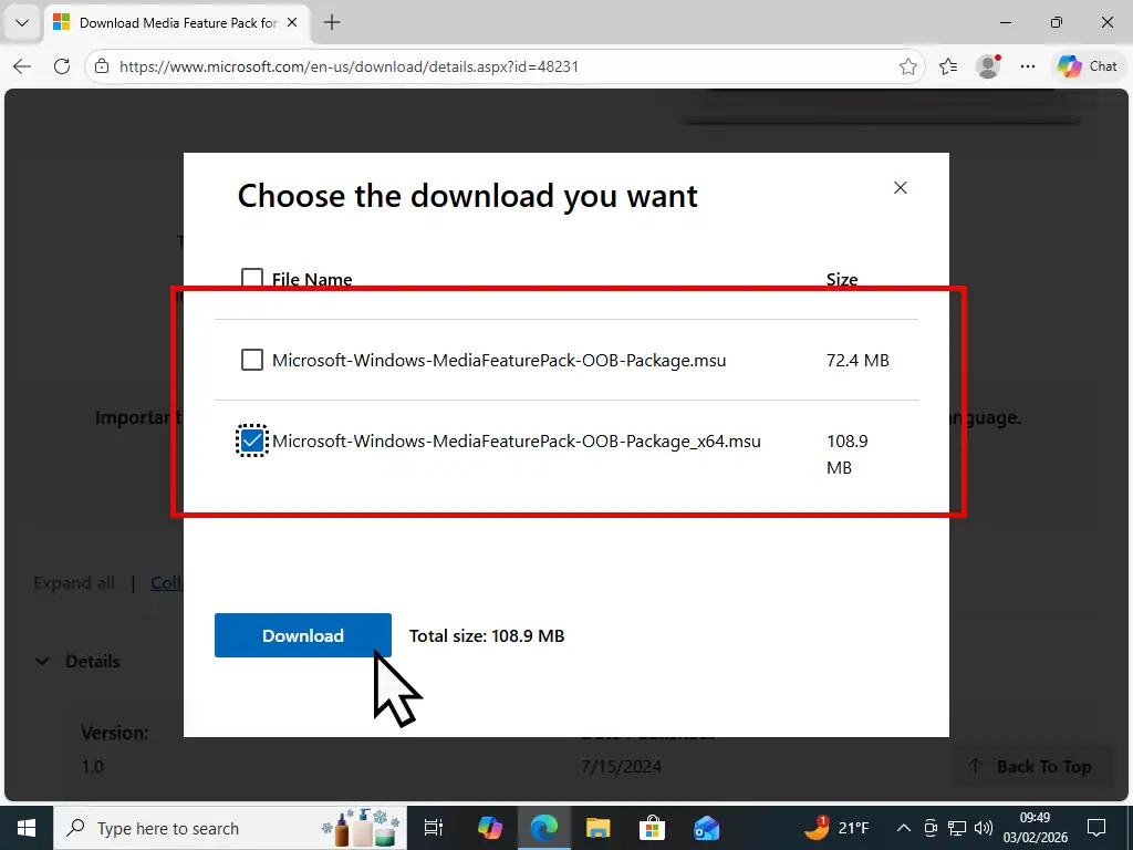 Download options 64 bit option is selected.
