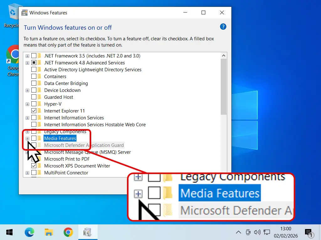 Expand Media Features option Expanding the Media Features options in Windows 10.
