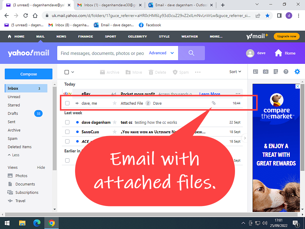 Yahoo Mail Inbox. An email is highlighted with the paper clip symbol.