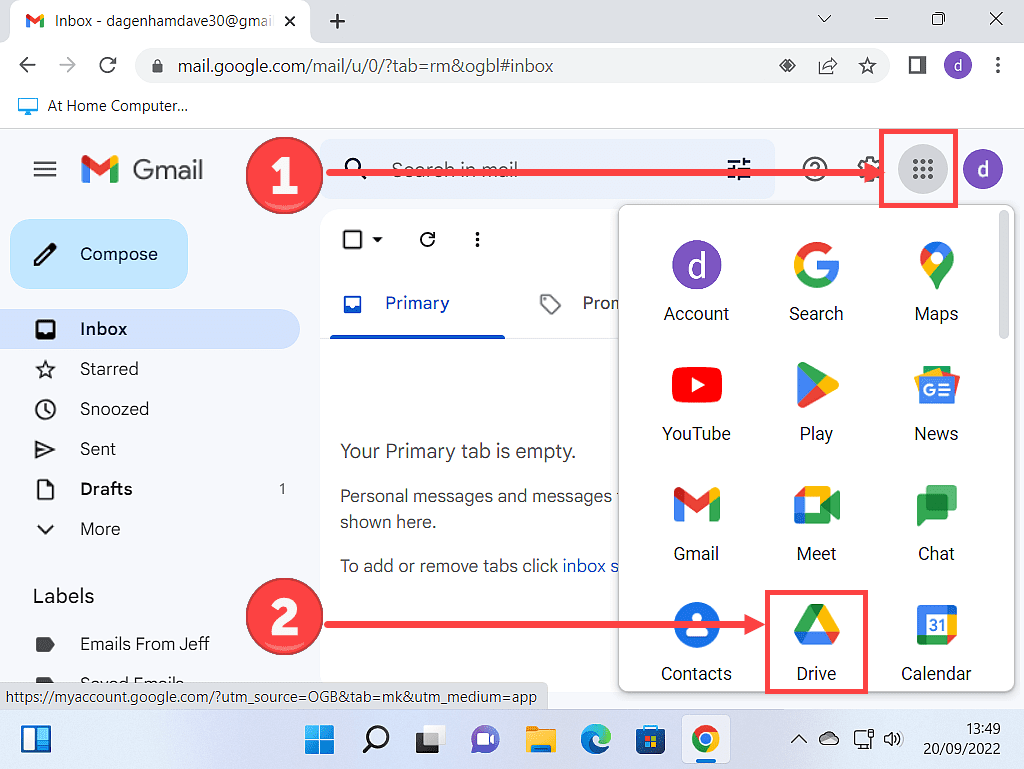 Apps menu in Gmail. Google Drive is indicated.