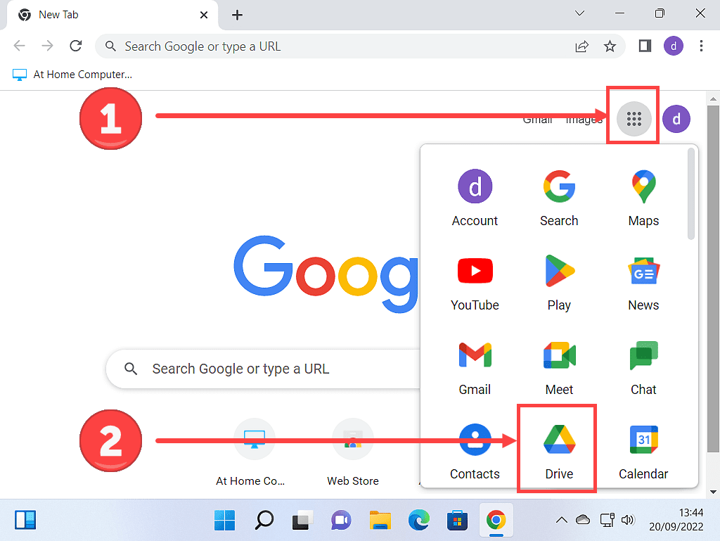 Google apps and Google Drive indicated on Google home page.