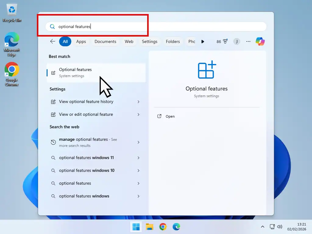 Install Windows Media Player Legacy on Windows 11 Searching for Optional Features in Windows 11.