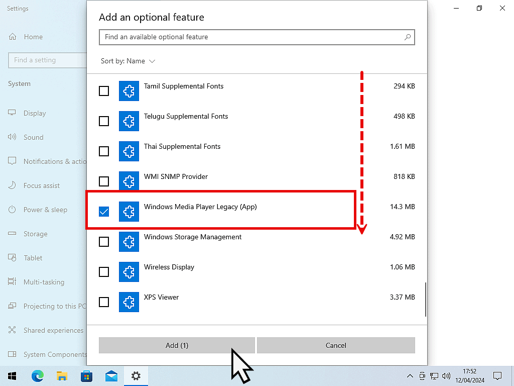 Windows Media Player selected for install. in Windows 10.