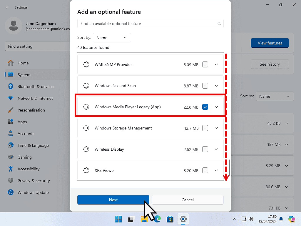 Windows Media Player selected for install. in Windows 11.