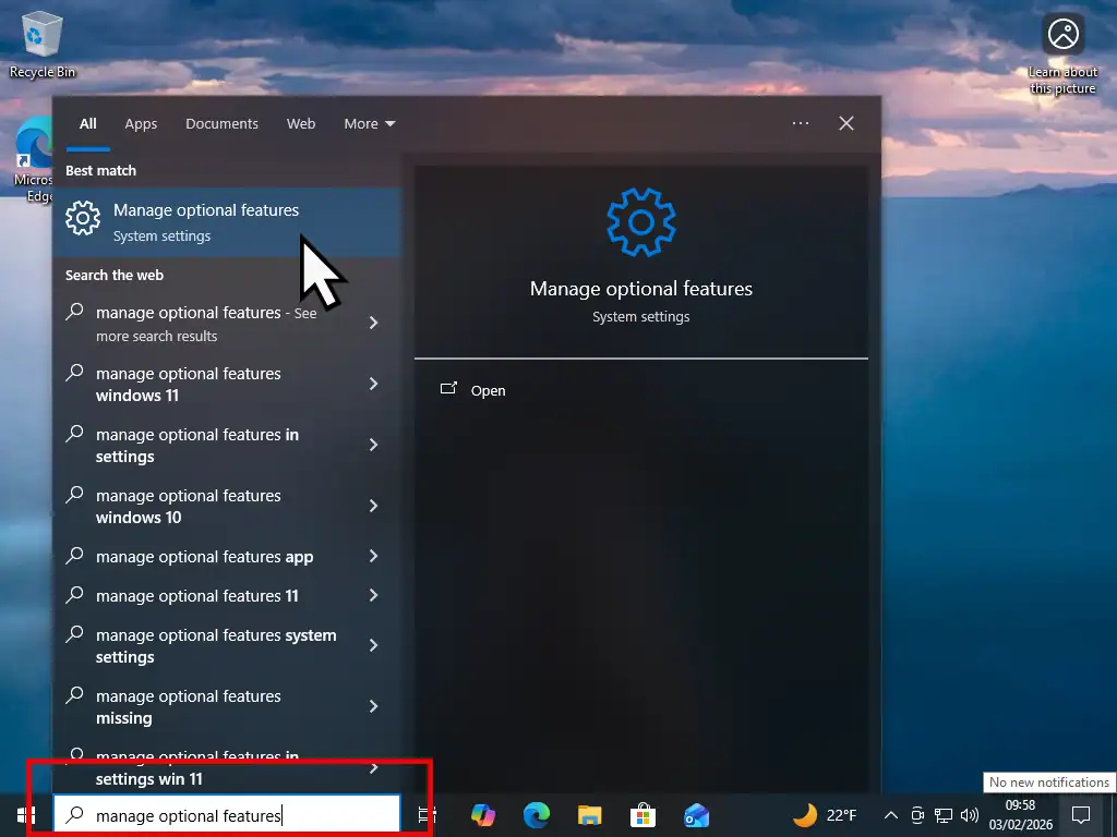 Manage Optional Features-Windows 10 N Searching Windows 10 N for Manage Optional Features.