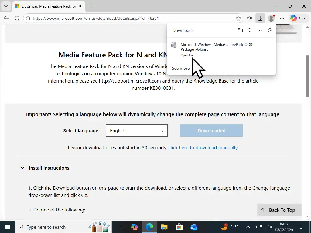Media Feature Pack installer Starting the installation from within browser window.