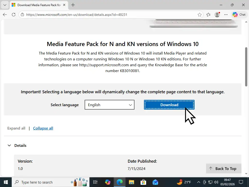 Media Features Pack for Windows 10 N edition Windows Media Features Pack download page. The download button is indicated.