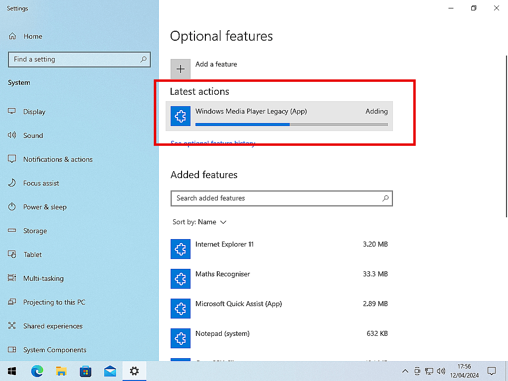 Media Player installation progress indicator in Windows 10