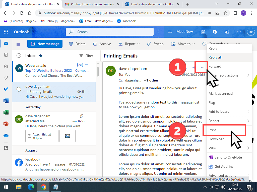 How to print an email in Outlook.com