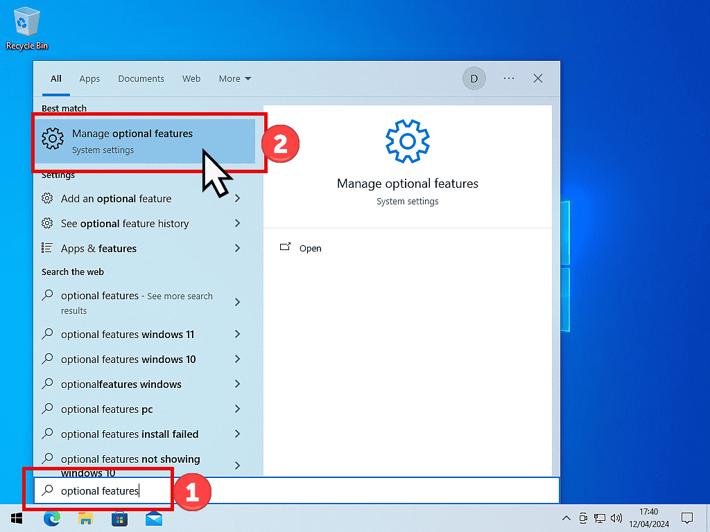 Searching for the Optional Features app in Windows 10
