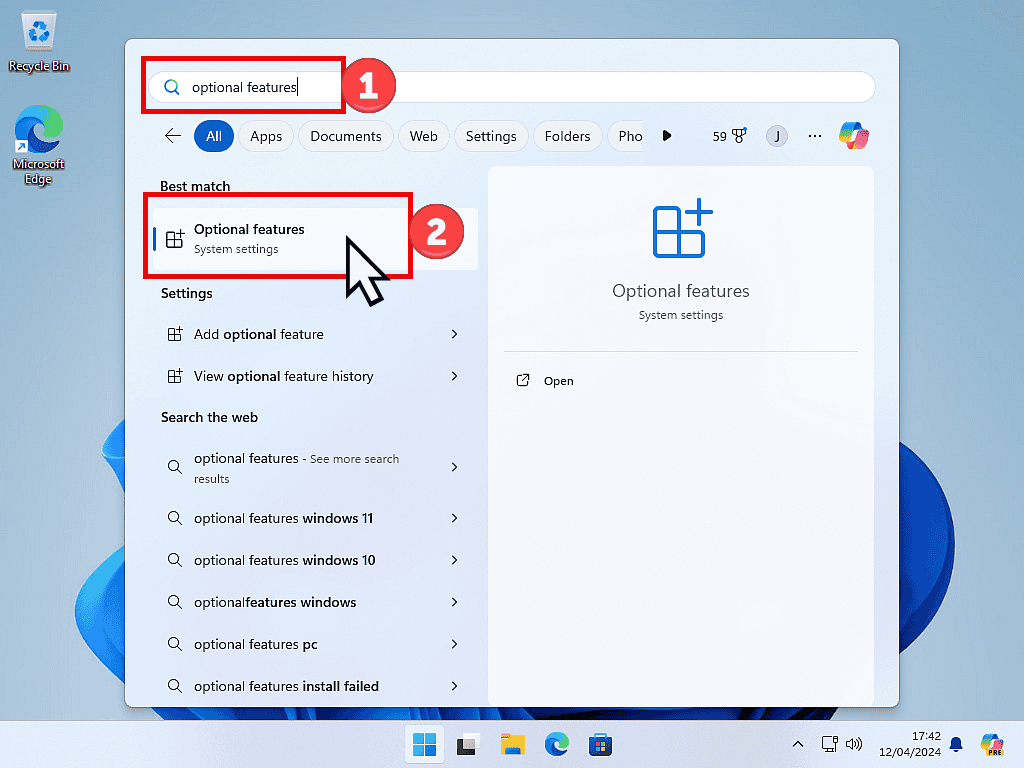 Searching for the Optional Features app in Windows 11
