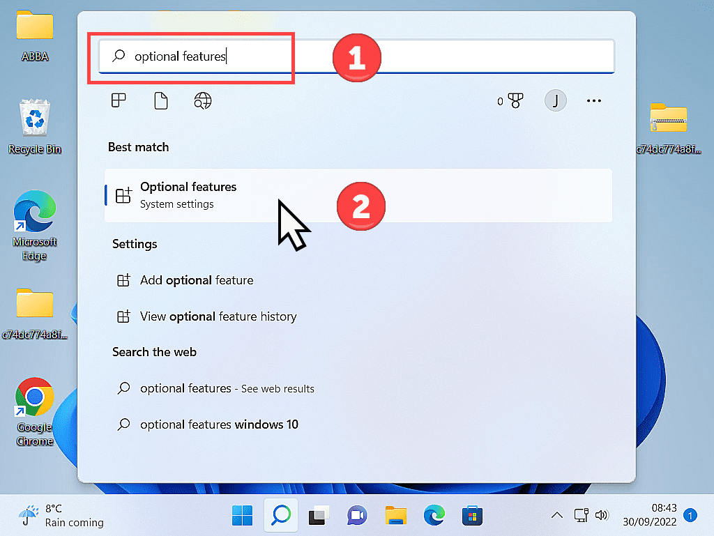 Windows 11 start menu open. Optional features has been typed into search box. Optional Features is indicated in search results.