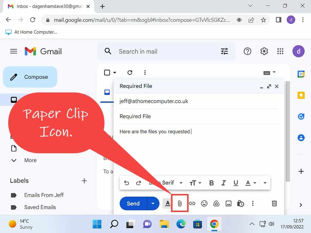 Paper clip (add attachment) icon indicated in Gmail.