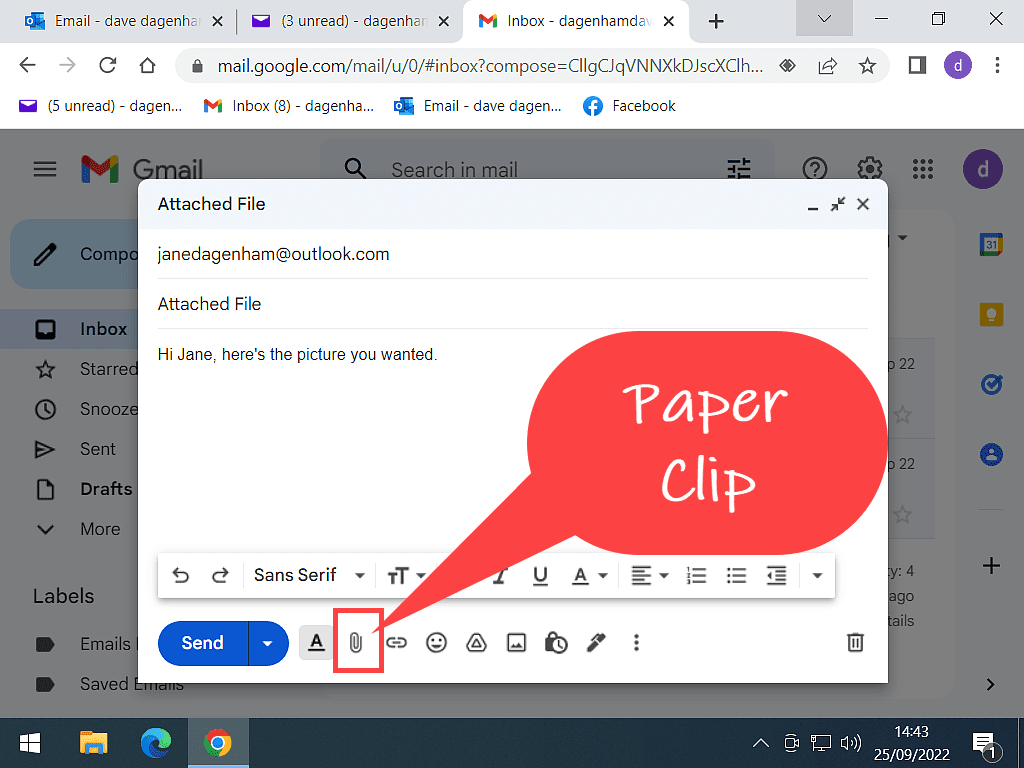 In Gmail the paper clip icon is indicated.