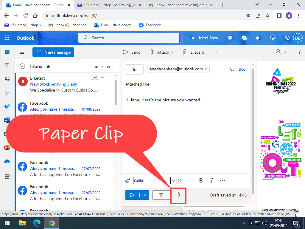 Paper clip icon indicated in Outlook.com