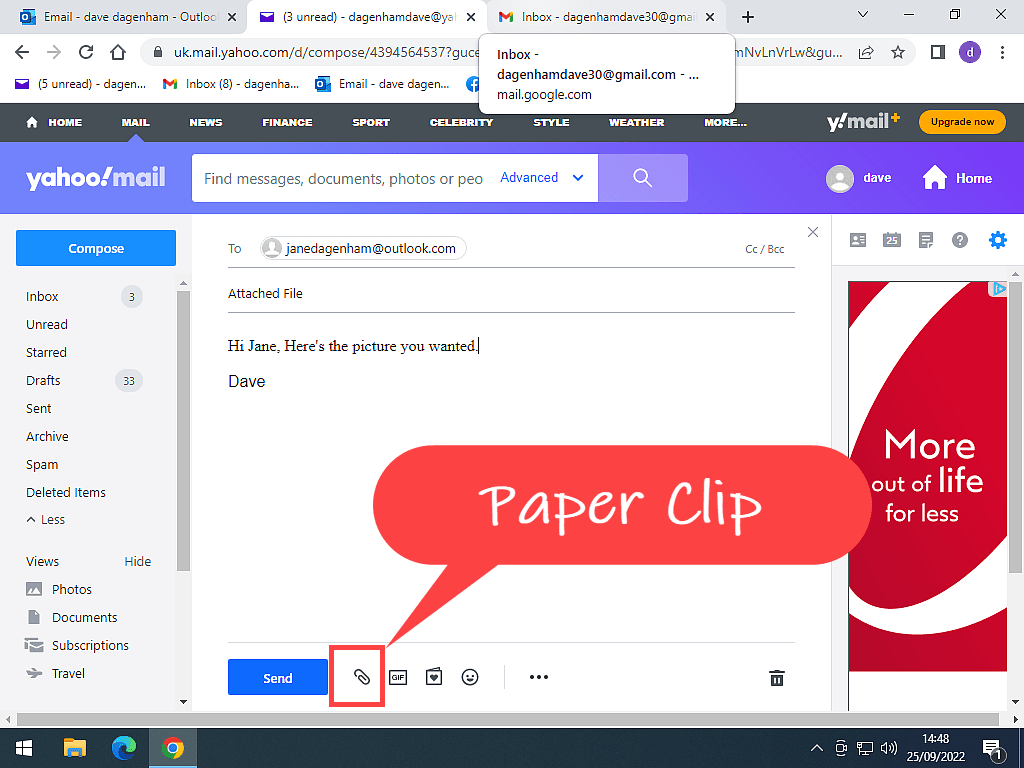 The location of the paper clip icon in Yahoo Mail.
