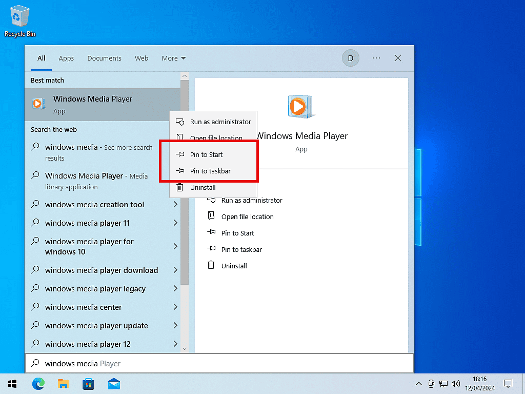 Windows Media Player being pinned to Start in Windows 10.