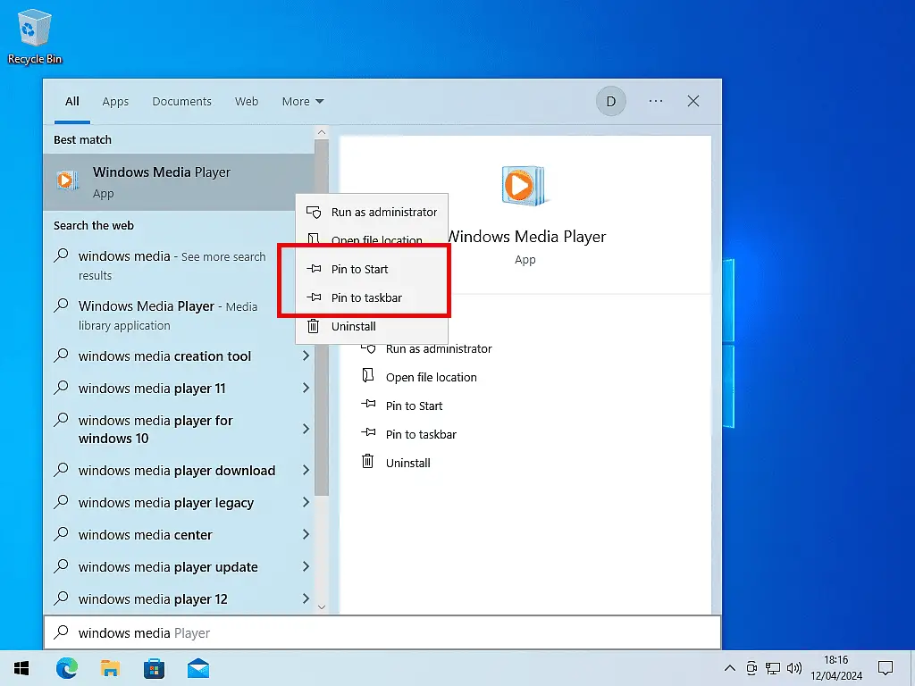 Windows Media Player being pinned to Start in Windows 10.