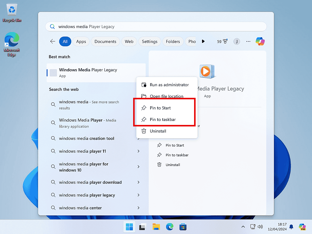 Windows Media Player being pinned to Start in Windows 11.