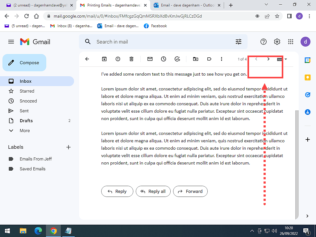 In Gmail, a long email has been scrolled own. The printer icon is no longer visible. An upward facing arrow indicates scrolling back to the top of the message.