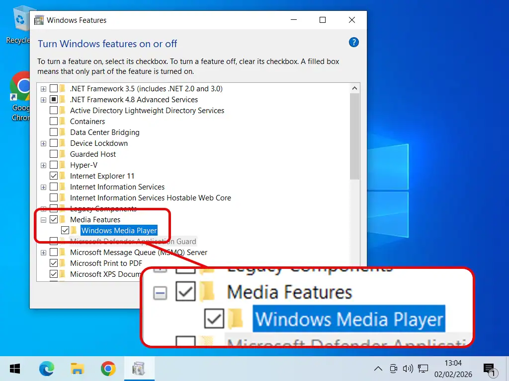Select Windows Media Player Windows Media Player legacy has been selected.