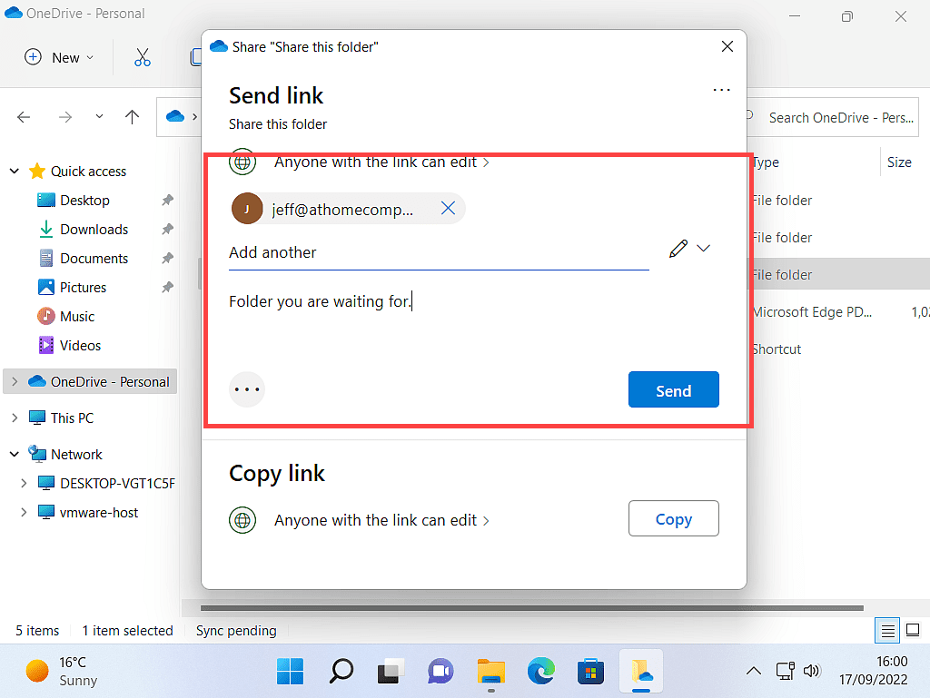 Sending a link from Onedrive to share a folder.