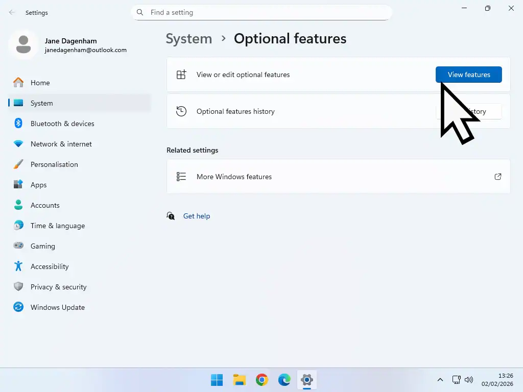 View Features-Windows 11 View Features button indicated.